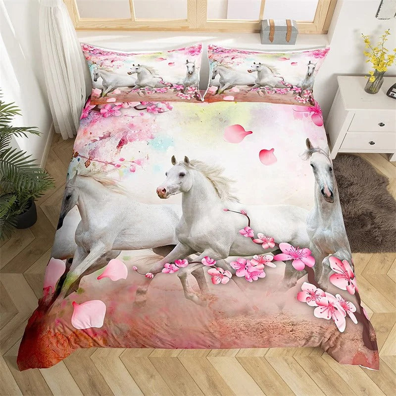 Housse de couette imprimée Cheval blanc et fleurs