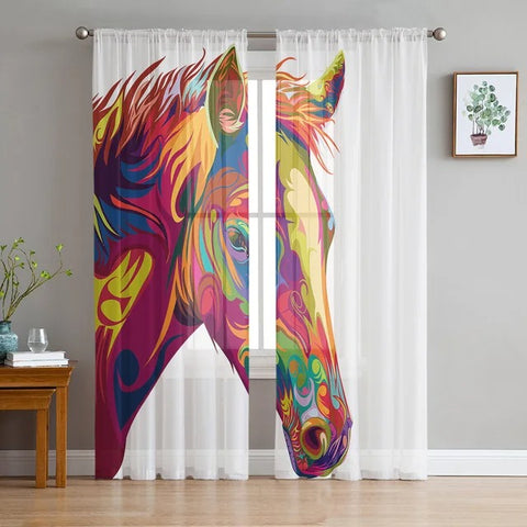 Rideaux voilage imprimé d'une tête de cheval aux couleurs flash