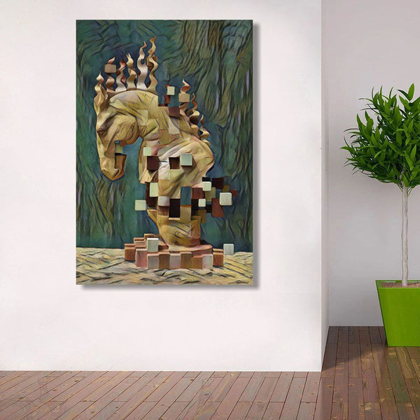 Tableau impression sur toile - Cheval sculpture moderne bois et cubes