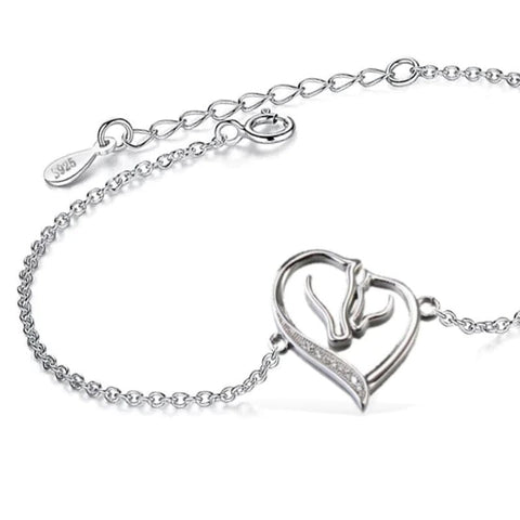 Bracelet chaine pendentif - Coeur Chevaux - argent massif et zircon