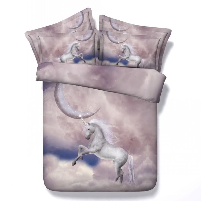 Housse de couette imprimée Cheval licorne Nuages roses et lune