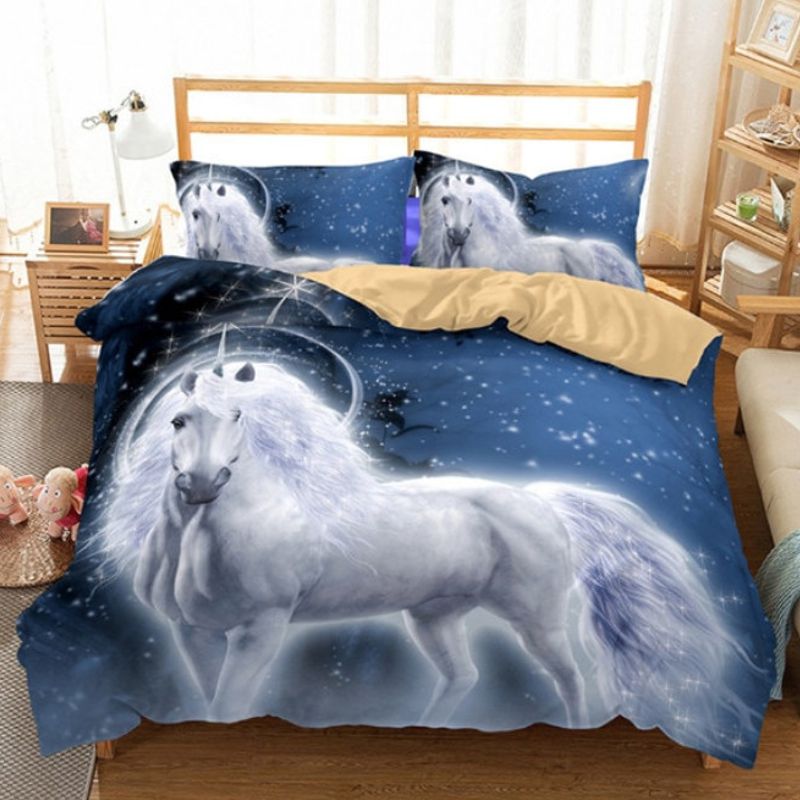 Housse de couette imprimée Cheval licorne fond étoilé