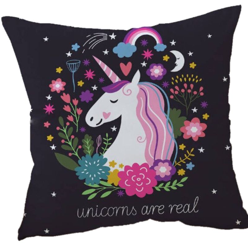 Housse de coussin impression licorne fond noir
