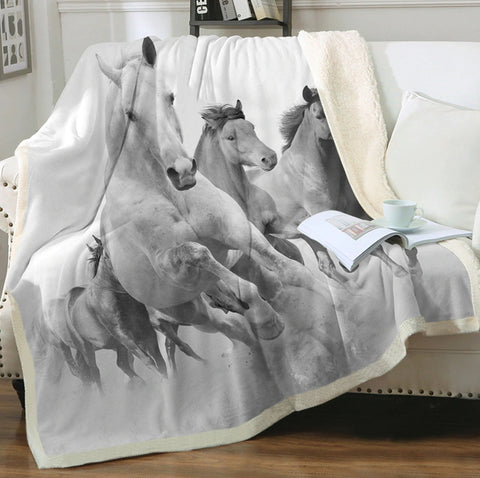 Plaid polaire Couverture imprimée chevaux blancs pour canapé ou lit