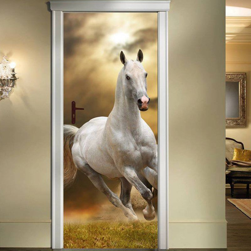 Poster de porte sticker mural autocollant imprimée HD Cheval blanc au galop