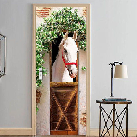 Poster de porte sticker mural autocollant imprimée HD Cheval blanc