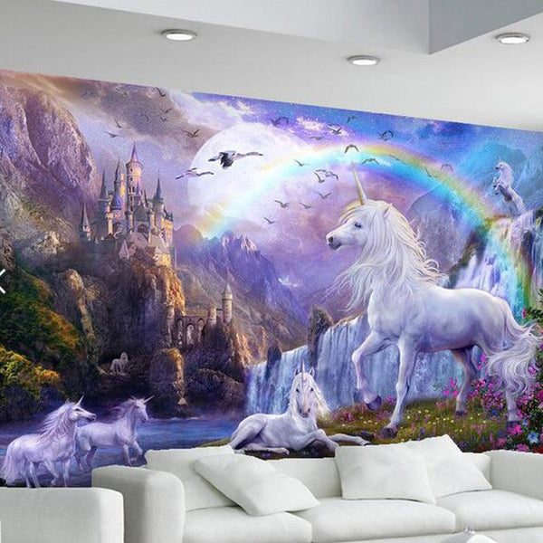 Poster mural imprimé HD - Chevaux licones blanches - Arc-en-ciel fond mauve