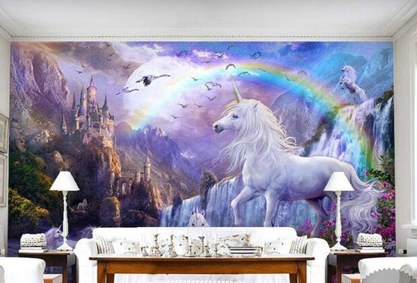 Poster mural imprimé HD - Chevaux licones blanches - Arc-en-ciel fond mauve
