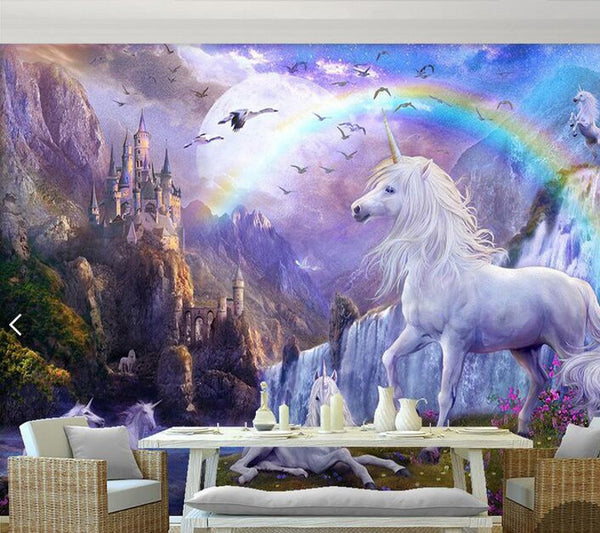 Poster mural imprimé HD - Chevaux licones blanches - Arc-en-ciel fond mauve