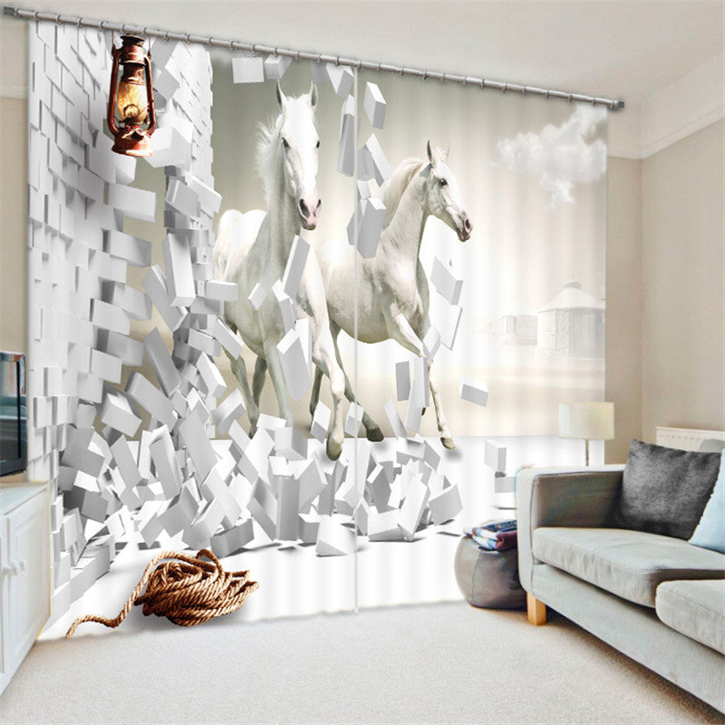 Rideaux imprimés HD Image surréaliste Chevaux blancs et briques blanches