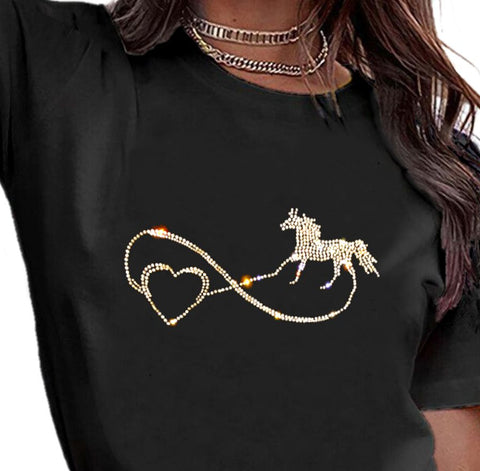 T-Shirt - Transfert Strass de cristaux Love Infini Cheval