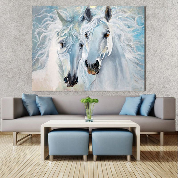 Tableau impression sur toile - 2 chevaux blancs fond bleuté