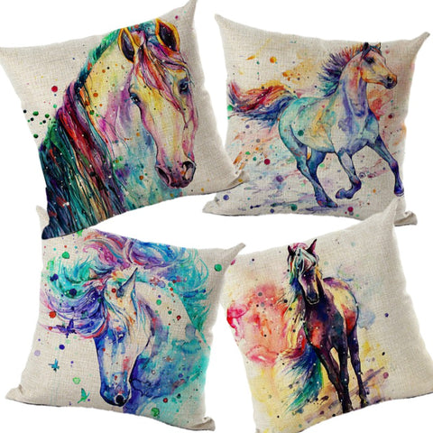 Housse de coussin impression chevaux aquarelles