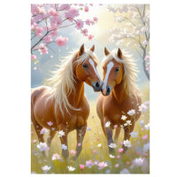 Affiche Poster sur toile imprimé HD - Dessin couple de chevaux et fleurs cerisiers