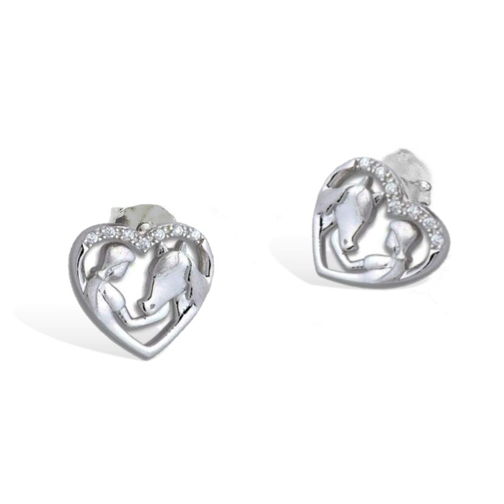 Boucles d'oreilles - Coeur Cheval fille - argent massif et zircon
