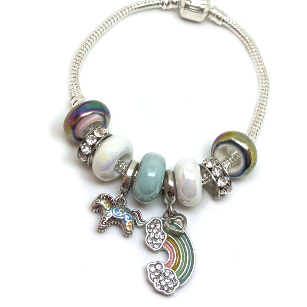 Bracelet argent - Farandole perles Poney et arc-en-ciel (2)