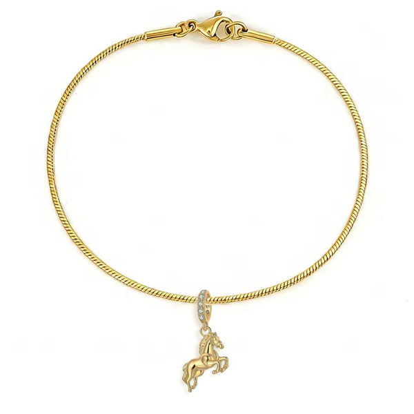 Bracelet chaîne serpent - Petit cheval argent massif - Plaqué or et zircons
