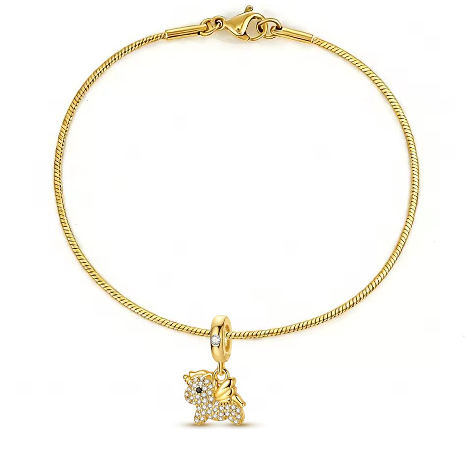 Bracelet chaîne serpent - Petite licorne argent massif - Plaqué or et zircons