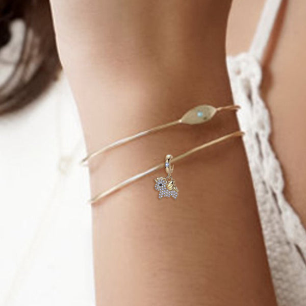 Bracelet chaîne serpent - Petite licorne argent massif - Plaqué or et zircons
