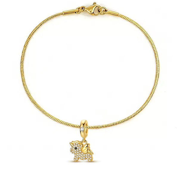 Bracelet chaîne serpent - Petite licorne argent massif - Plaqué or et zircons