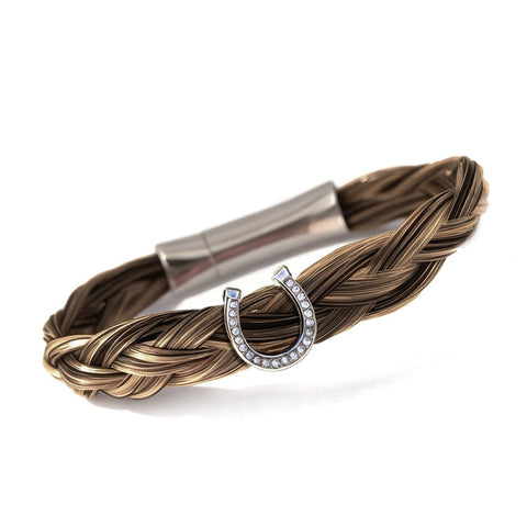 Bracelet crins de cheval Tresse 4 mèches Motif Fer à cheval et zircons