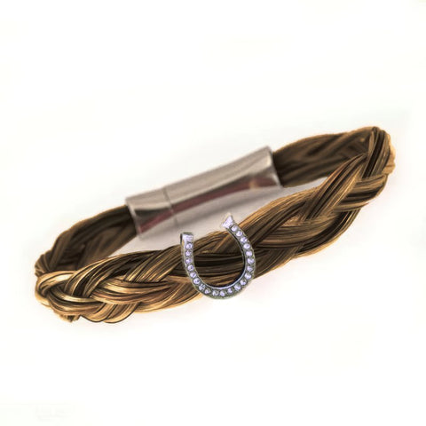Bracelet crins de cheval Tresse 4 mèches Motif Fer à cheval et zircons