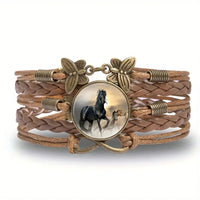 Bracelet fashion - médaillon cheval - tresse de cuir et symbole infini