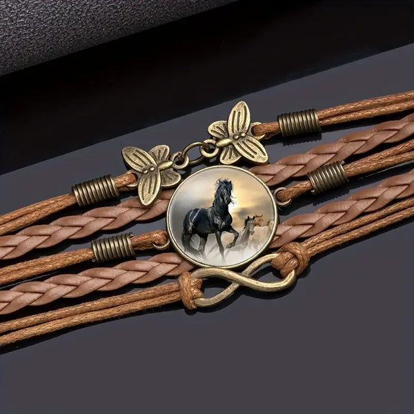 Bracelet fashion - médaillon cheval - tresse de cuir et symbole infini