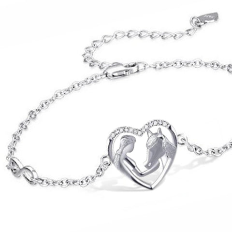 Bracelet pendentif - Coeur Cheval fille - argent massif et zircon