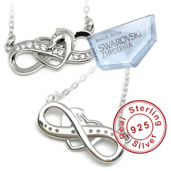 Collier pendentif - Cheval infini et coeur - argent massif et zircon