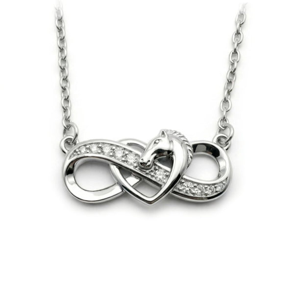 Collier pendentif - Cheval infini et coeur - argent massif et zircon