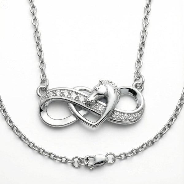 Collier pendentif - Cheval infini et coeur - argent massif et zircon