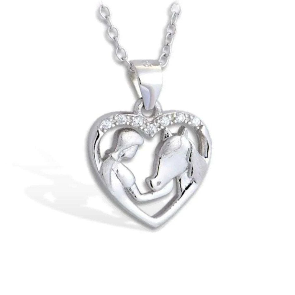 Collier pendentif - Coeur Cheval fille - argent massif et zircon