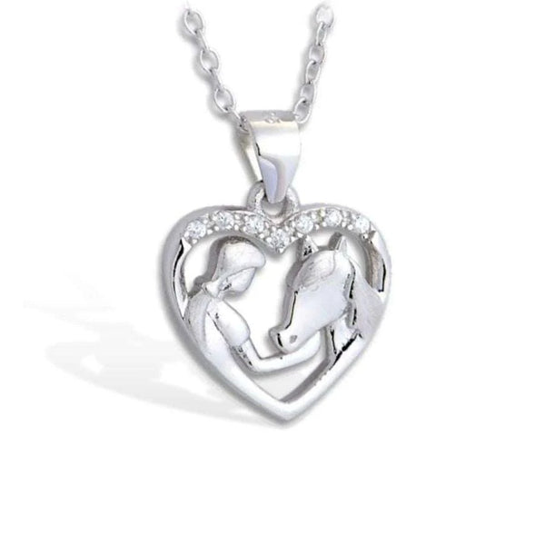 Collier pendentif - Coeur Cheval fille - argent massif et zircon