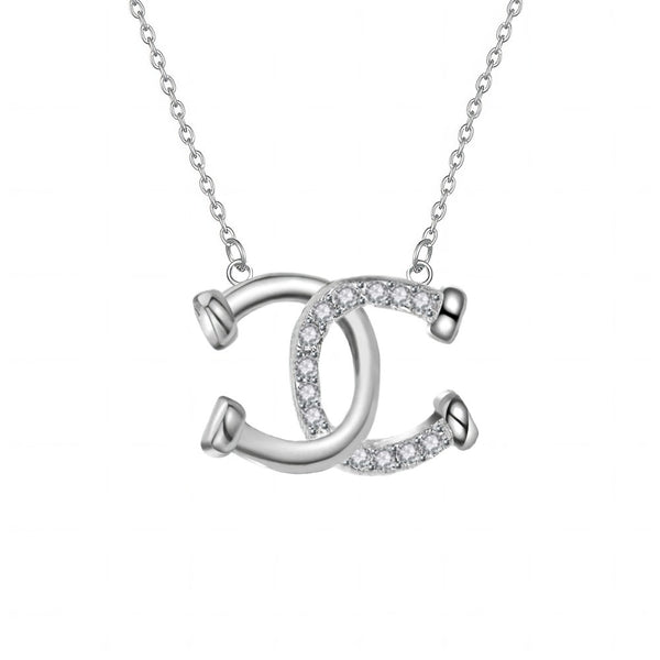 Collier pendentif - Double Fers à Cheval entrecroisés - argent massif et zircons