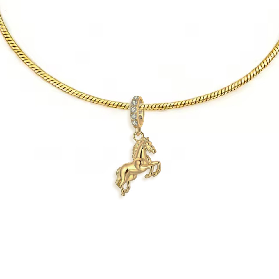Collier pendentif - Petit cheval argent massif - Plaqué or et zircons