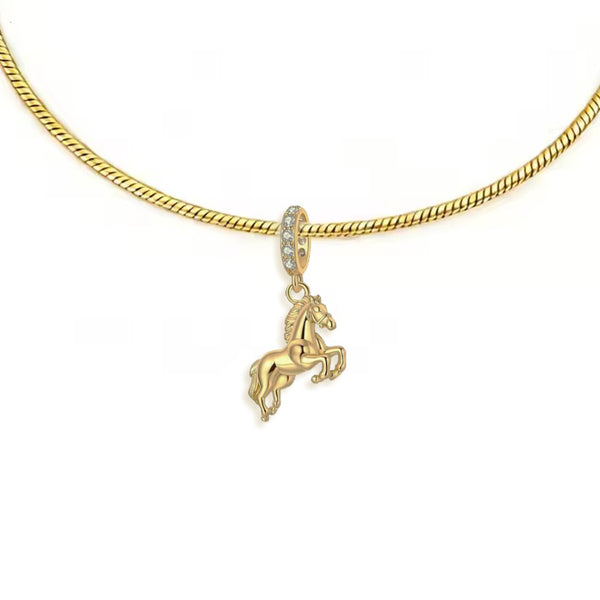 Collier pendentif - Petit cheval argent massif - Plaqué or et zircons