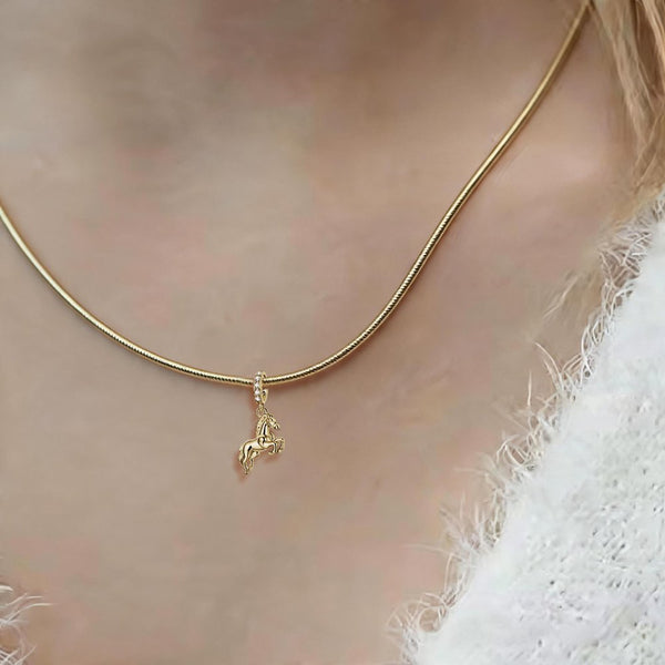 Collier pendentif - Petit cheval argent massif - Plaqué or et zircons