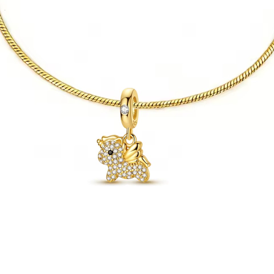 Collier pendentif - Petite licorne argent massif - Plaqué or et zircons