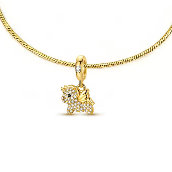 Collier pendentif - Petite licorne argent massif - Plaqué or et zircons