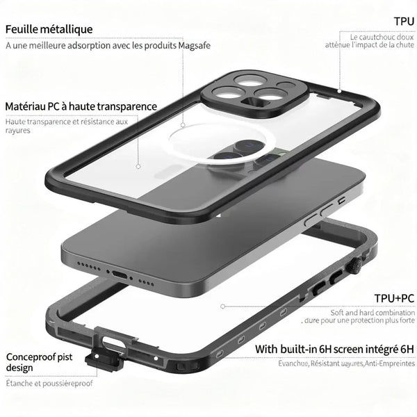 Coque de protection totale étanche Waterproof pour iPhone X, XS, XR, 11 à 16Pro Max