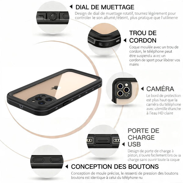 Coque de protection totale étanche Waterproof pour iPhone X, XS, XR, 11 à 16Pro Max