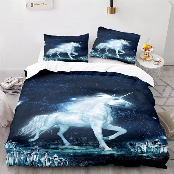 Housse de couette imprimée Cheval licorne fond nuit