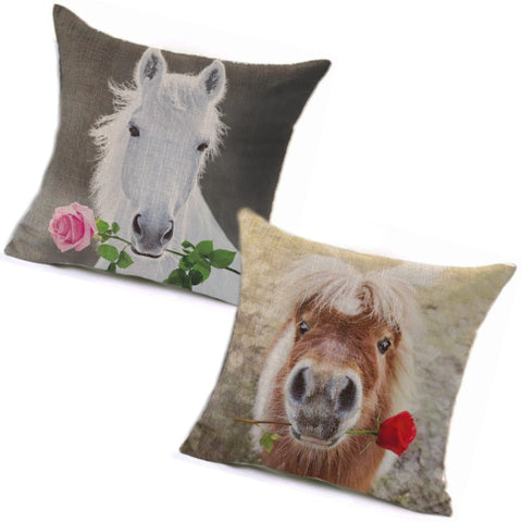 Housse de coussin impression Chevaux et rose