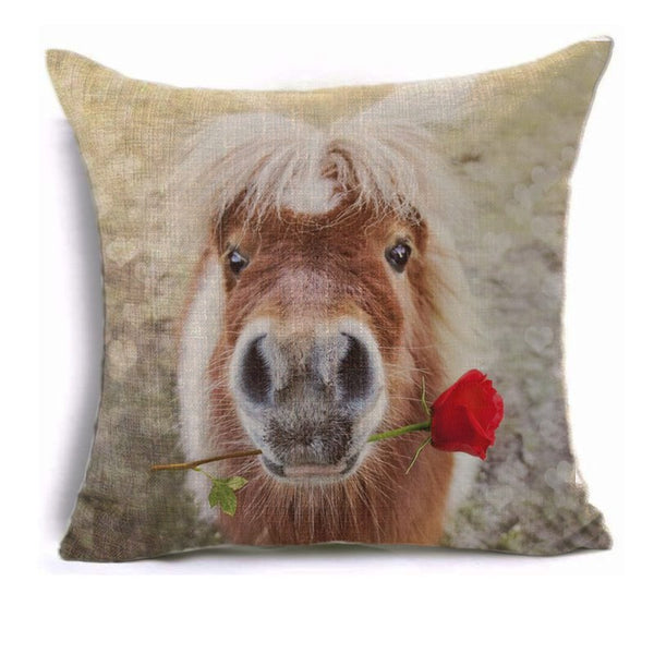 Housse de coussin impression Chevaux et rose