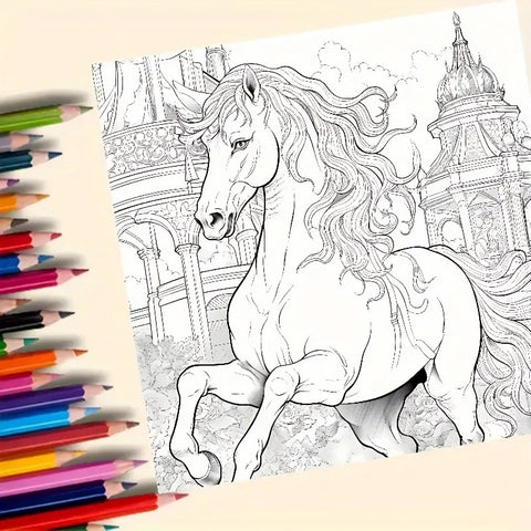 Livre de coloriage 20 pages Cheval et coucher de soleil