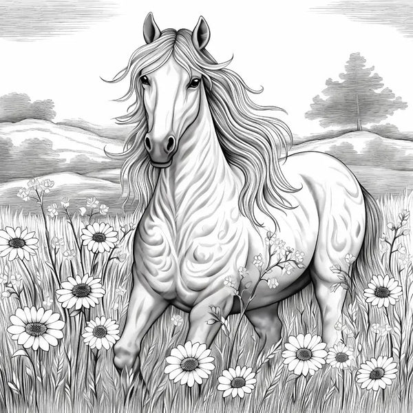 Livre de coloriage 20 pages Cheval et coucher de soleil