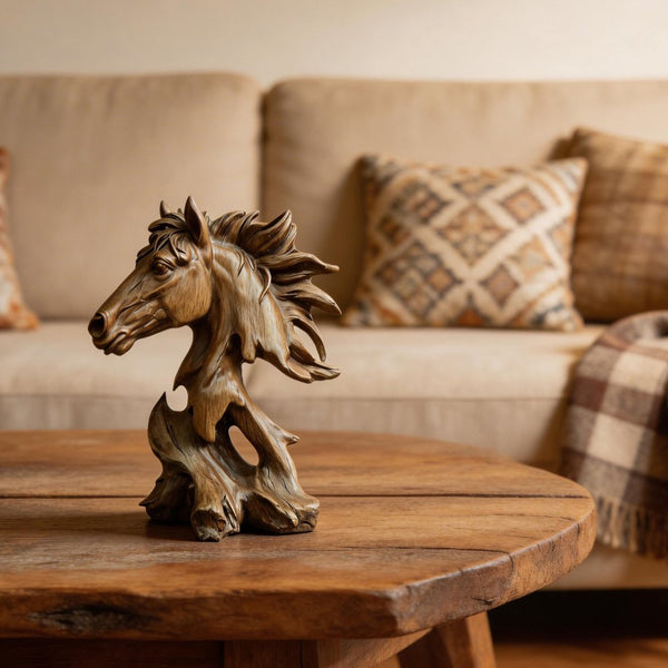 Objet déco Oeuvre d'art Tête de cheval résine effet bois