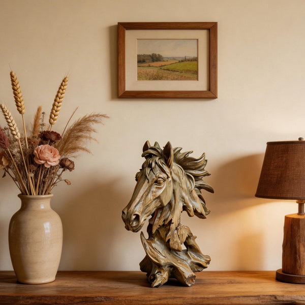 Objet déco Oeuvre d'art Tête de cheval résine effet bois