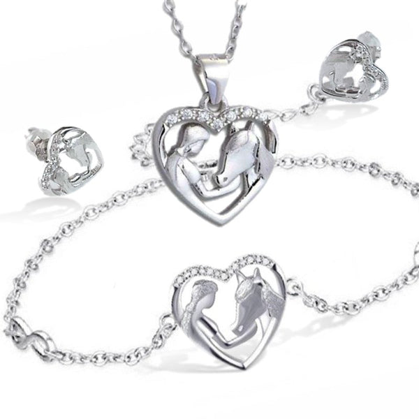 Parure Coeur Cheval fille - Collier - Bracelet et Boucles d'oreilles en argent massif et zircon